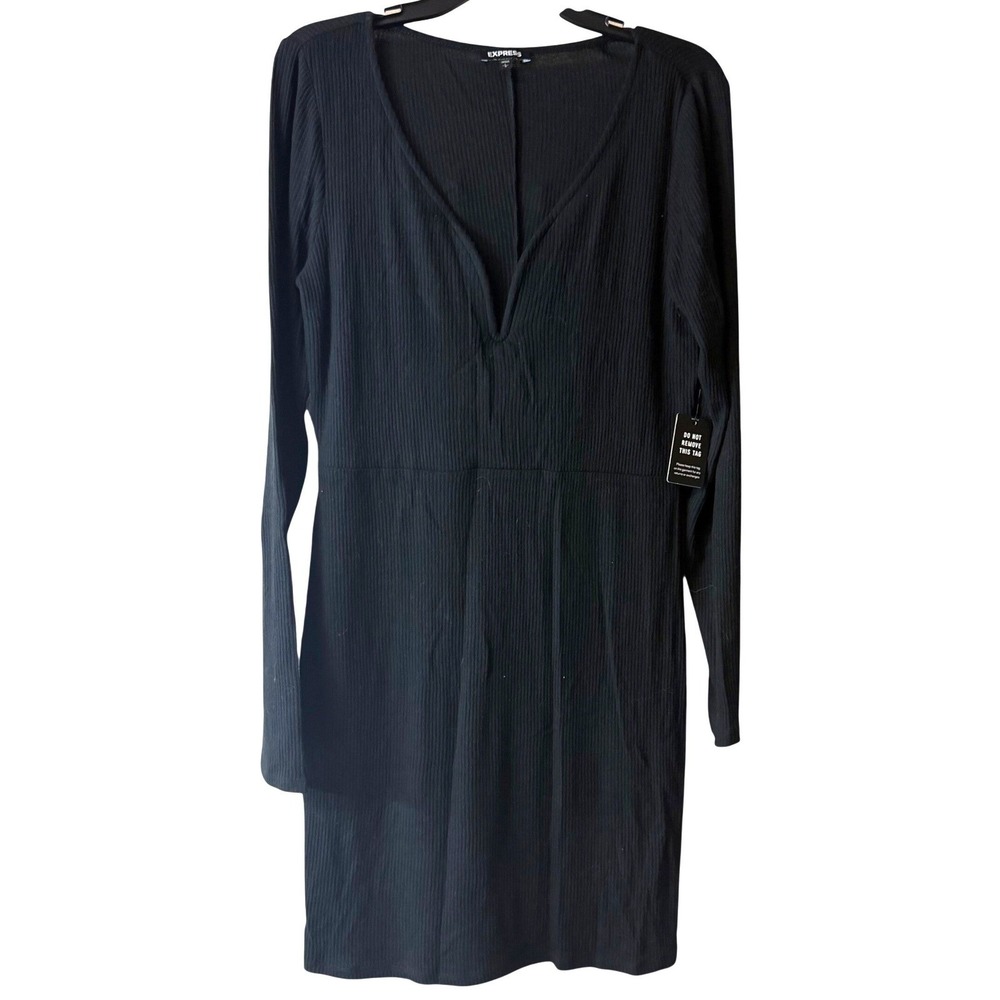 Express Women LBD Black Ribbed Long Sleeve VNeck Midi Dress Large Whimsigoth NWT